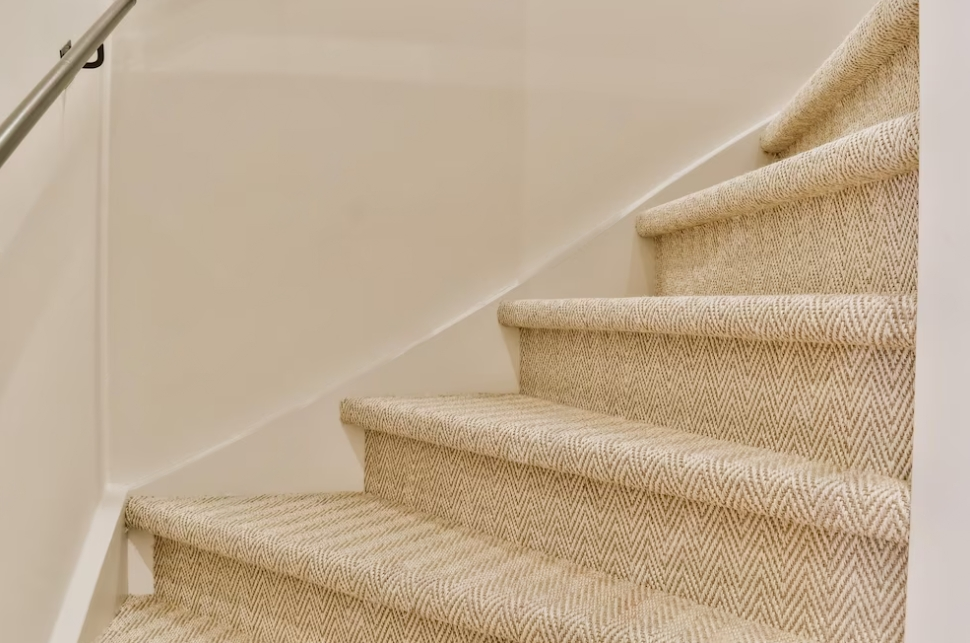 a close-up view of white walls and beige carpeted stairs