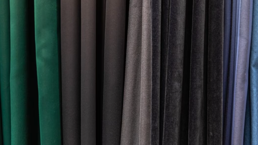 green, brown, beige, black, and blue velor curtains