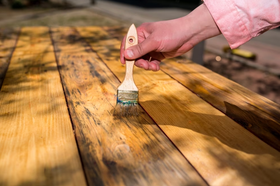 person in a pink shirt painting the wooden boards with a brush