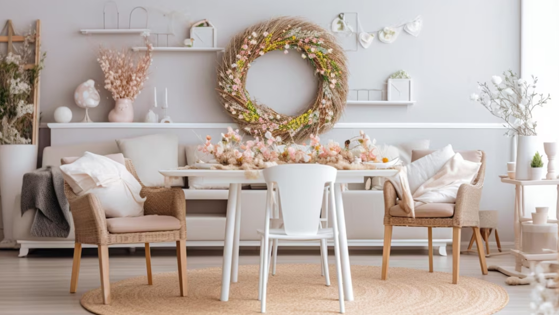 bright living room, table with chairs, sofa with pillows, and wreath decoration on the wall