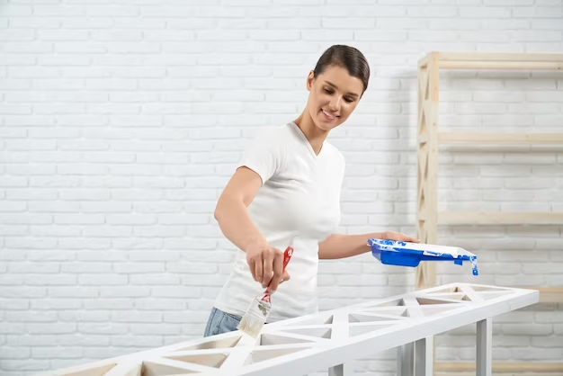 Woman repairing a wooden bench using white paint and a brush