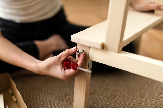 A woman assembles a chair with her own hands from scratch