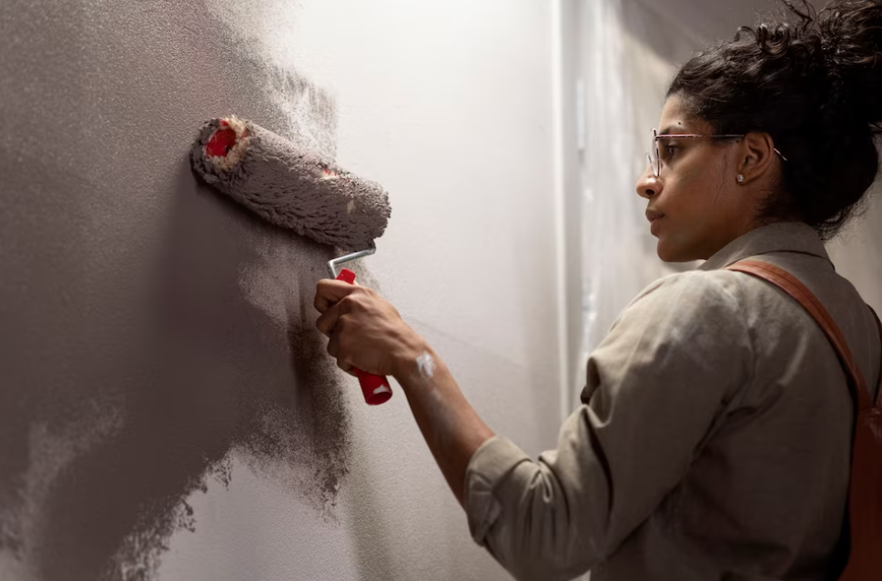 woman in a gray shirt paints a white wall with a beige color