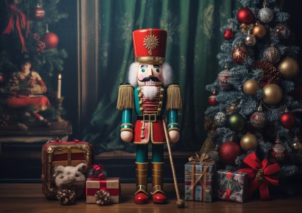 a vintage nutcracker standing next to a Christmas tree with presents around